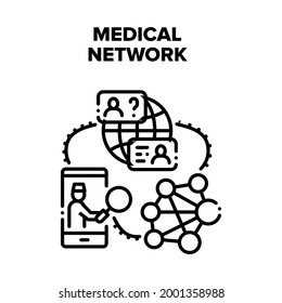 Concepto de icono del vector de red médica. Conexión De Red Médica Con El Médico Para El Examen, El Diagnóstico Y La Consulta. Ilustración Negra De Tratamiento Y Atención De Salud Remota En Todo El Mundo