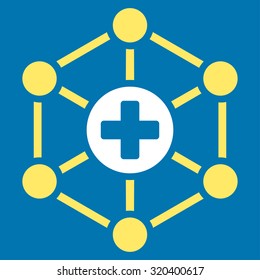 Medical Network vector icon. Style is bicolor flat symbol, yellow and white colors, rounded angles, blue background.