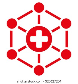Medical Network vector icon. Style is flat symbol, red color, rounded angles, white background.