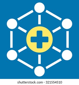 Medical Network vector icon. Style is bicolor flat symbol, yellow and white colors, rounded angles, blue background.