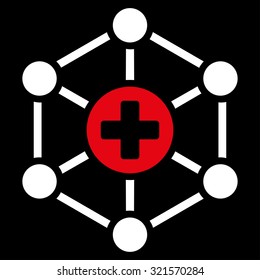 Medical Network vector icon. Style is bicolor flat symbol, red and white colors, rounded angles, black background.