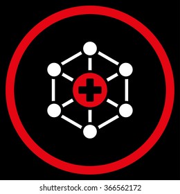 Medical Network vector icon. Style is bicolor flat circled symbol, red and white colors, rounded angles, black background.