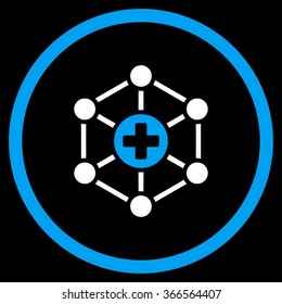 Medical Network vector icon. Style is bicolor flat circled symbol, blue and white colors, rounded angles, black background.