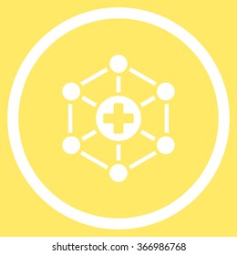 Medical Network vector icon. Style is flat circled symbol, white color, rounded angles, yellow background.