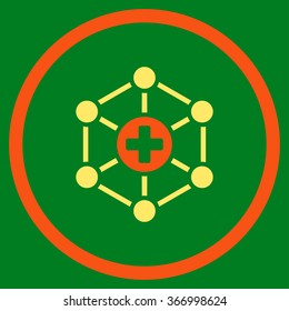 Medical Network vector icon. Style is bicolor flat circled symbol, orange and yellow colors, rounded angles, green background.