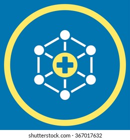 Medical Network vector icon. Style is bicolor flat circled symbol, yellow and white colors, rounded angles, blue background.