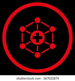 Medical Network vector icon. Style is flat circled symbol, red color, rounded angles, black background.