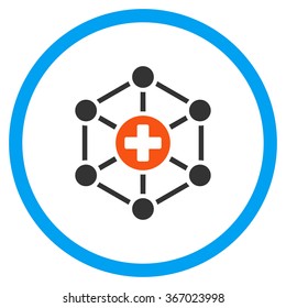 Medical Network vector icon. Style is flat circled symbol, orange and blue colors, rounded angles, white background.