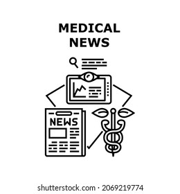 Medical News Vector Icon Concept. Medical News Of Modern Innovation Technology, Pills Development And Disease Discovery. Medicine Newspaper And Digital Internet Article Black Illustration