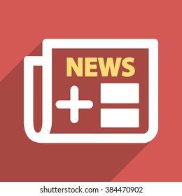 Medical Newspaper long shadow vector icon. Style is a light flat symbol on a red square button.