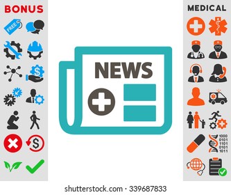 Medical Newspaper vector icon with bonus. Style is bicolor flat symbol, grey and cyan colors, rounded angles, white background.