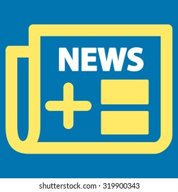 Medical Newspaper vector icon. Style is bicolor flat symbol, yellow and white colors, rounded angles, blue background.