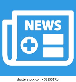 Medical Newspaper vector icon. Style is flat symbol, white color, rounded angles, blue background.