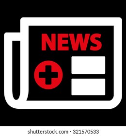 Medical Newspaper vector icon. Style is bicolor flat symbol, red and white colors, rounded angles, black background.