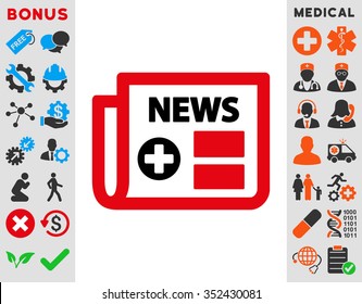 Medical Newspaper vector icon. Style is bicolor flat symbol, intensive red and black colors, rounded angles, white background.