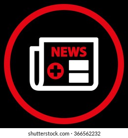 Medical Newspaper vector icon. Style is bicolor flat circled symbol, red and white colors, rounded angles, black background.