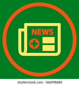 Medical Newspaper vector icon. Style is bicolor flat circled symbol, orange and yellow colors, rounded angles, green background.