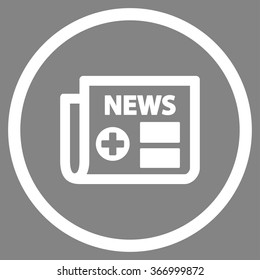 Medical Newspaper vector icon. Style is flat circled symbol, white color, rounded angles, gray background.