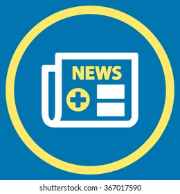 Medical Newspaper vector icon. Style is bicolor flat circled symbol, yellow and white colors, rounded angles, blue background.