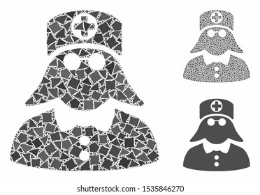 Medical nurse composition of bumpy pieces in different sizes and color hues, based on medical nurse icon. Vector abrupt pieces are grouped into collage.