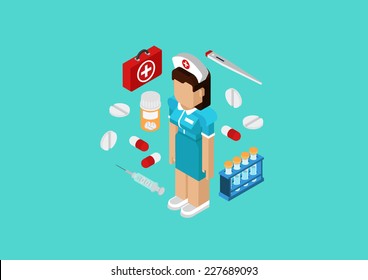 Medical nurse or doctor medicine hospital staff concept. Flat 3d isometric pixel art modern design portrait of female. Pills, kit, flask, syringe vector. Web illustration website infographic elements.