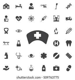 Medical nurse hat icon collection related to service, health care, pharmacy business, drugstore, science. Vector style: flat gray symbols, rounded angles, white background.