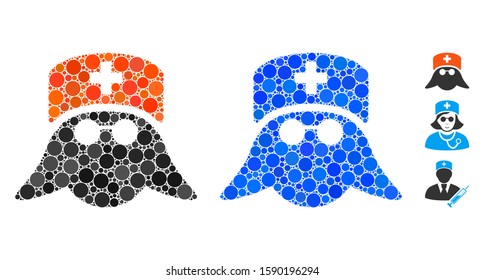Medical nurse head mosaic of filled circles in various sizes and color hues, based on medical nurse head icon. Vector filled circles are organized into blue collage.