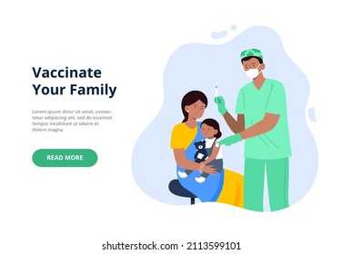 Medical nurse injecting vaccine to an indian mother and child. Diseases prevention concept. Process of immunization against coronavirus. Flat vector illustration for a banner, landing page.