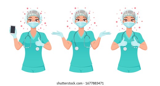 Medical nurse in mask, cap and gloves shows smartphone screen, thumbs up and shrugs shoulders. Protection from coronavirus. Full size isolated vector illustration under clipping mask.