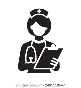 Medical Nurse Silhouette with Clipboard Vector Icon