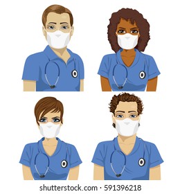 Medical nurse staff team with stethoscopes wearing surgical masks