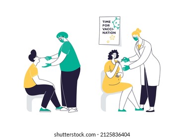 Medical Nurse is Taking a PCR Corona Virus Sample. Covid-19 Pandemic. Young Pregnant woman at the hospital is vaccinated. Time for vaccination. Vector illustration doodles, thin line art style concept