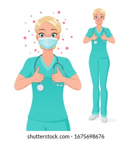 Medical nurse wearing mask and uniform protected from coronavirus showing thumb up. Vector illustration isolated on white background.