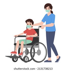 Medical Nurse Who Wear A Protective Face Mask In Nursing Home Helping Patient. Caregiver Carry Wheelchair With A Child. People Medical Long Term Care Concept. Flat Cartoon Vector Illustration.