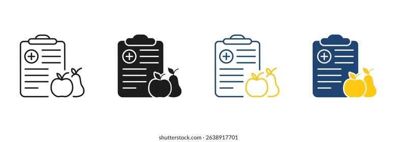 Medical Nutrition Plan Line and Solid Icon Set. Health and Diet Management Symbol Collection. Isolated Vector Illustration.