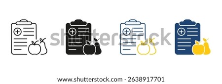 Medical Nutrition Plan Line and Solid Icon Set. Health and Diet Management Symbol Collection. Isolated Vector Illustration.