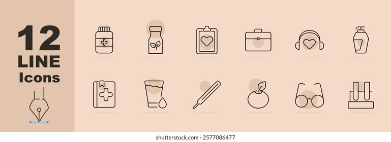 Medical nutrition set icon Medicine jar, herb bottle, clipboard, first aid kit, headphones, soap dispenser, health book, smoothie, thermometer, apple, glasses, test tubes. Healthcare, diet, research