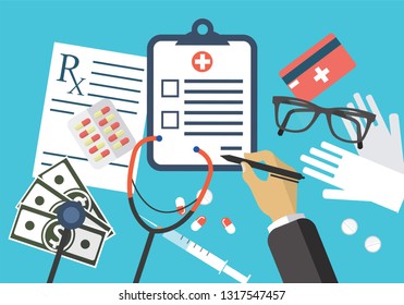 Medical object poster with blue background including glasses, money and board.