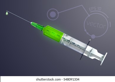 Medical object template with syringe before injection in realistic style on dark background isolated vector illustration