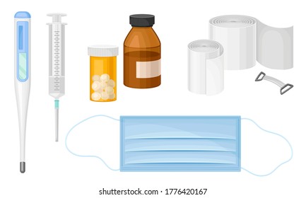 Objetos médicos de la caja de primeros auxilios con máscara facial y frascos con conjunto de vectores de pastillas