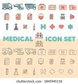 Conjunto de iconos de objetos médicos y vehículos