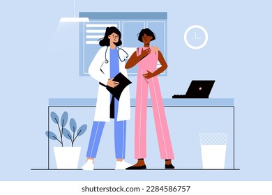 Medical office blue concept with people scene in the flat cartoon style. The patient came to thank the doctor who treated her. Vector illustration.