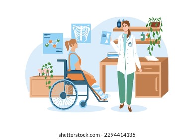 Medical office blue concept with people scene in the flat cartoon design. Girl broke her leg and had to be taken from the doctor in a cart. Vector illustration.