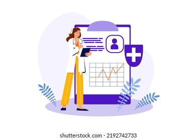 Medical office concept with people scene in the flat cartoon design. Doctor develops a treatment method for patient analyzing his health data. Vector illustration.