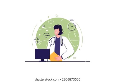 Concepto de oficina médica con la escena de la gente en el estilo de caricatura plana. El doctor está esperando al paciente en su oficina. Ilustración vectorial.