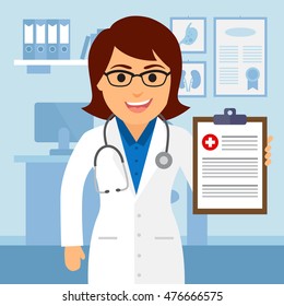 Medical office. Female doctor holding a medical prescription. Vector illustration