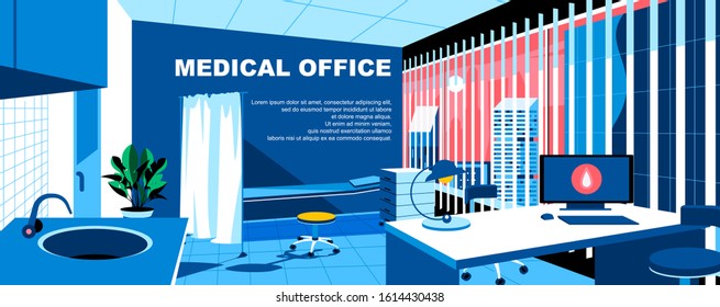 Medical office flat vector landing page template. Hospital doctor modern empty room interior banner layout with header. Clinical center contemporary office cartoon illustration with text space
