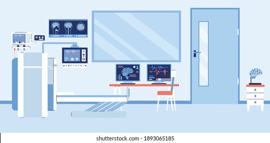 Medical office interior with magnetic resonance tomography equipment. Mri diagnostic in hospital clinic. Research of patient brain on computer screen using mrt scan. Vector banner.