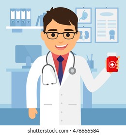 Medical Office. Male Doctor Holding Medicine. Vector Illustration