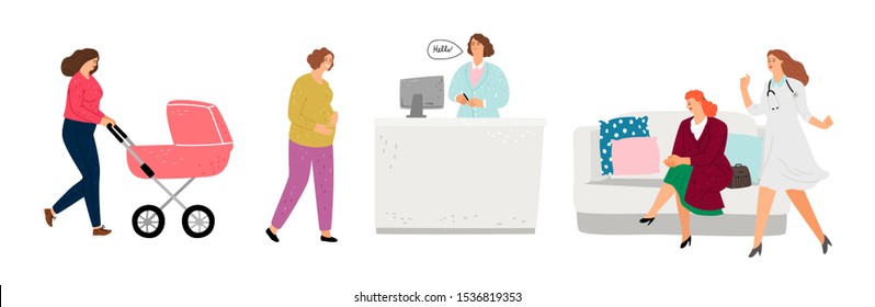 Medical Office Reception Area. Gynecologist, Pediatricians Office. Flat Female Characters, Doctors And Patients, Vector Illustration